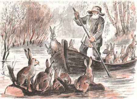 Иллюстрация к стихотворению Некрасова 'Дедушка Мазай и зайцы'